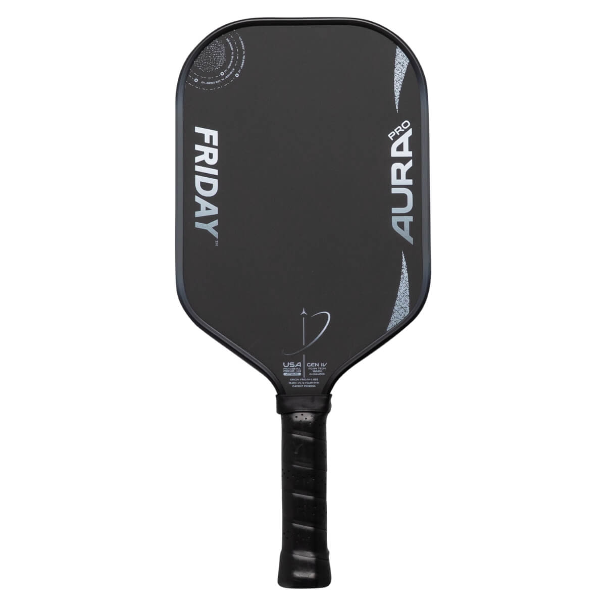 Front view of a black pickleball paddle with FRIDAY and AURA PRO text and a subtle textured surface.