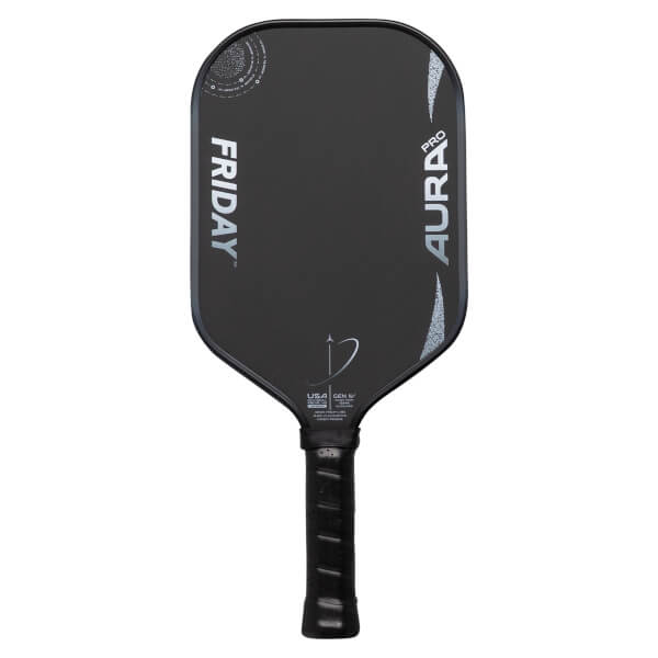 Front view of a black pickleball paddle with FRIDAY and AURA PRO text and a subtle textured surface.