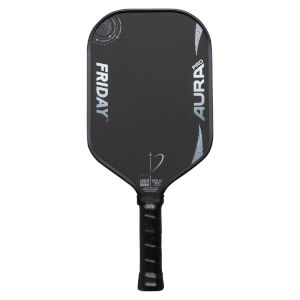 Front view of a black pickleball paddle with FRIDAY and AURA PRO text and a subtle textured surface.