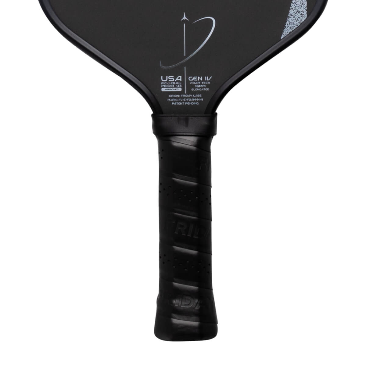 Close-up of a black pickleball paddles textured grip with FRIDAY branding and lower paddle face showing USA GEN IV text.