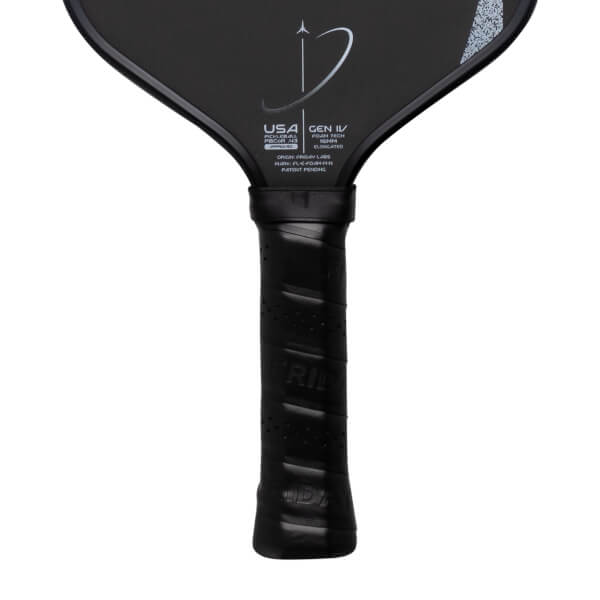 Close-up of a black pickleball paddles textured grip with FRIDAY branding and lower paddle face showing USA GEN IV text.