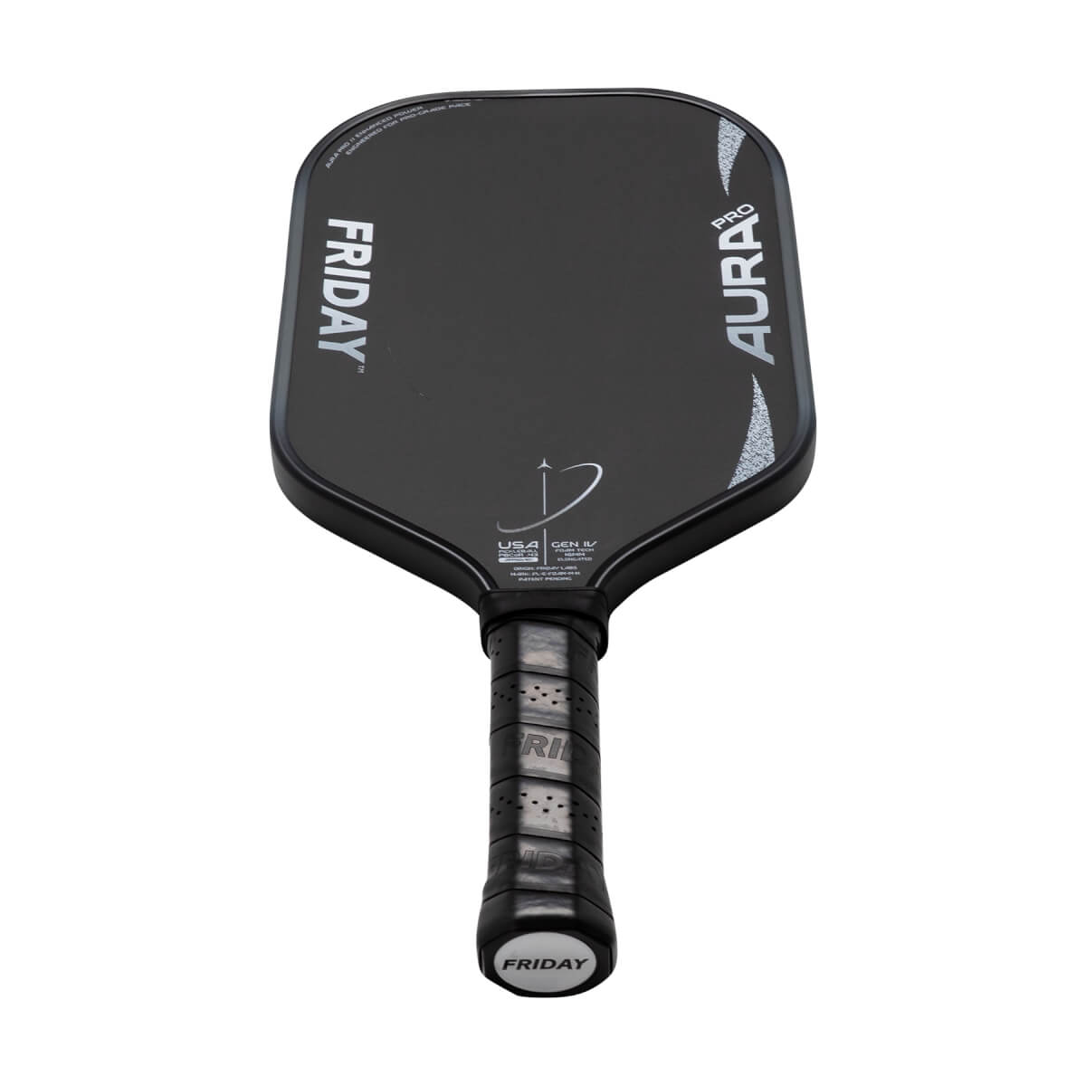 Front view of a black pickleball paddle with white FRIDAY and AURA PRO text, a central logo, and a black perforated grip.