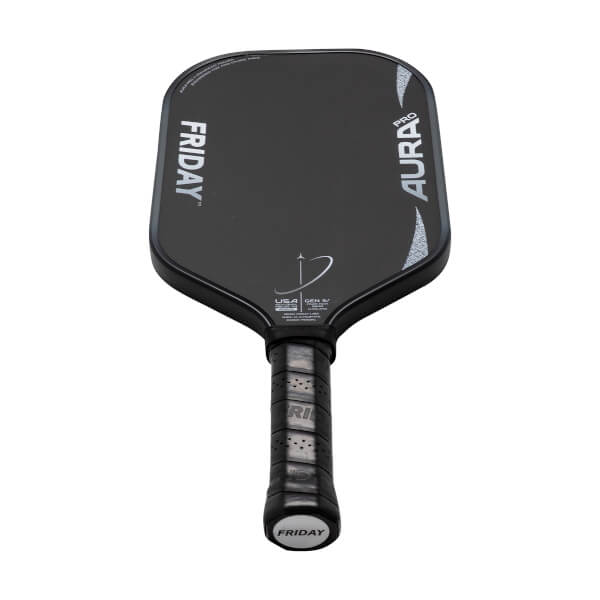 Front view of a black pickleball paddle with white FRIDAY and AURA PRO text, a central logo, and a black perforated grip.