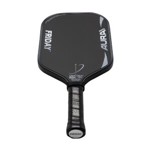 Front view of a black pickleball paddle with white FRIDAY and AURA PRO text, a central logo, and a black perforated grip.
