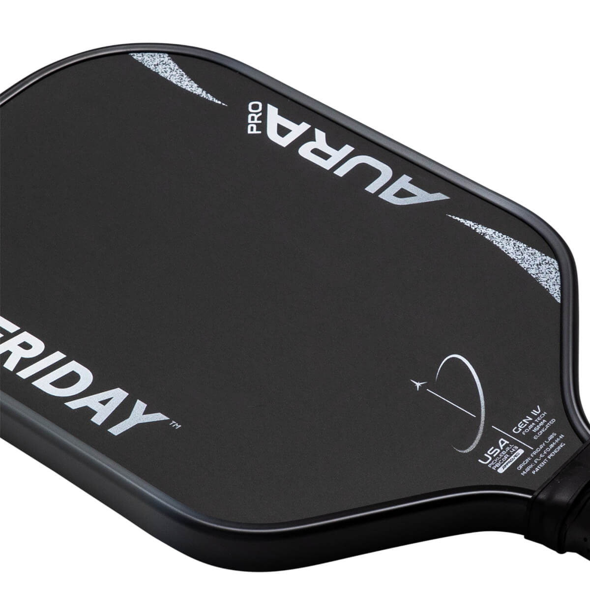 Top-down angled view of a matte black pickleball paddle with silver FRIDAY AURA PRO text and a circular design.