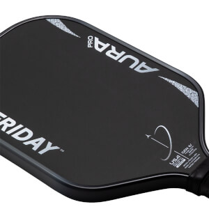 Top-down angled view of a matte black pickleball paddle with silver FRIDAY AURA PRO text and a circular design.