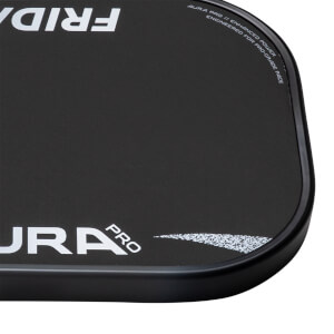 Close-up of a black pickleball paddle with FRIDAY and AURA PRO text, and curved enhanced power detail.