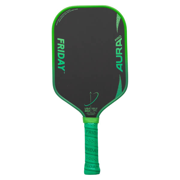 Front view of a black pickleball paddle with bright green trim, FRIDAY and AURA PRO text, and a green textured grip.