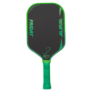 Front view of a black pickleball paddle with bright green trim, FRIDAY and AURA PRO text, and a green textured grip.