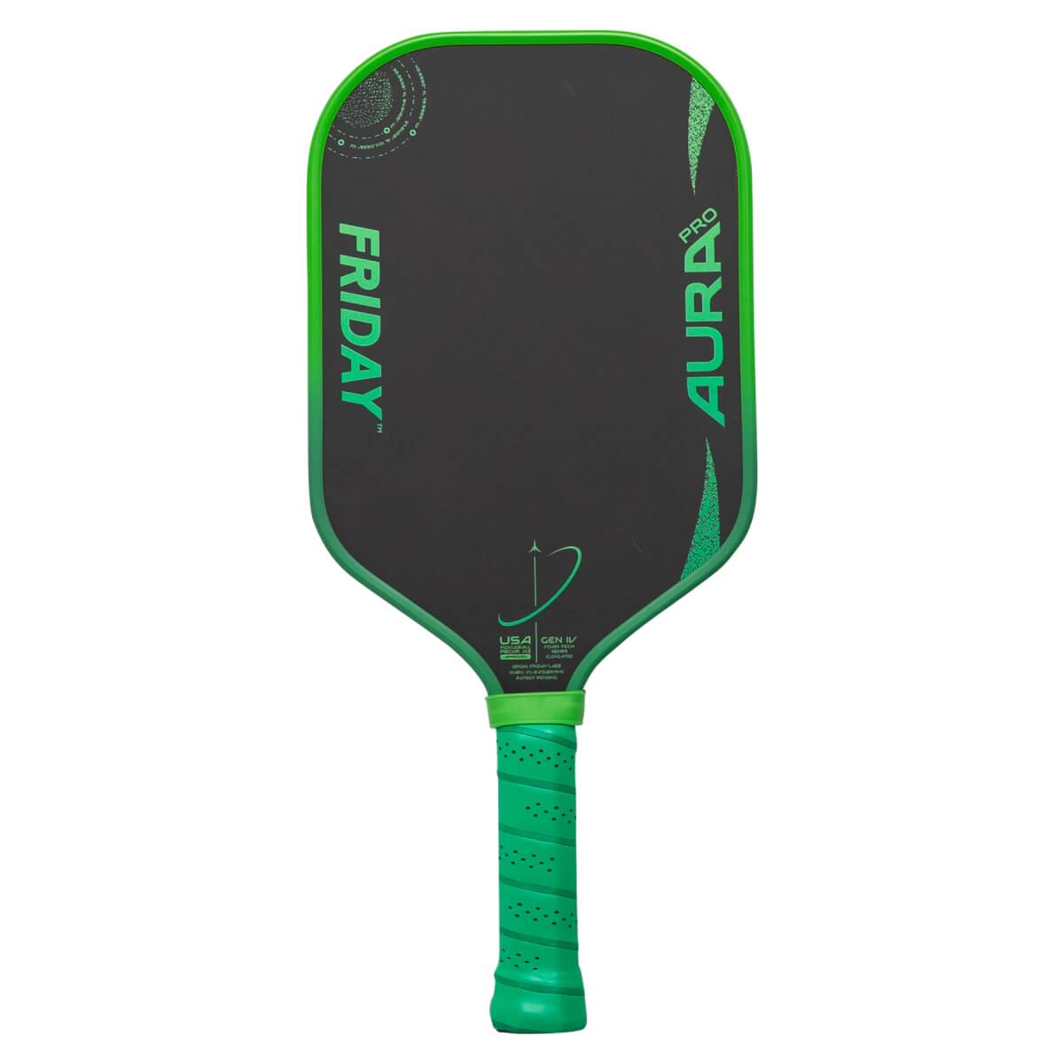 Front view of a black and green pickleball paddle with FRIDAY and AURA PRO text and a textured grip.