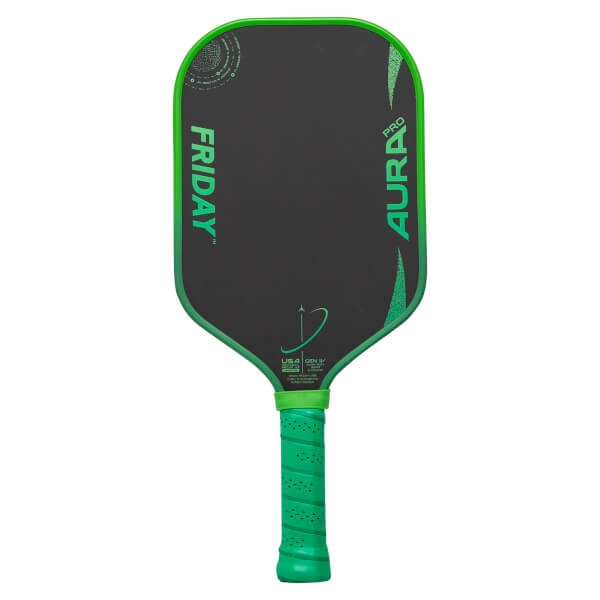 Front view of a black and green pickleball paddle with FRIDAY and AURA PRO text and a textured grip.