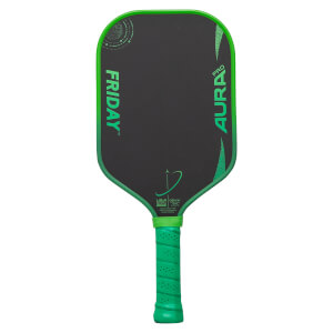 Front view of a black and green pickleball paddle with FRIDAY and AURA PRO text and a textured grip.