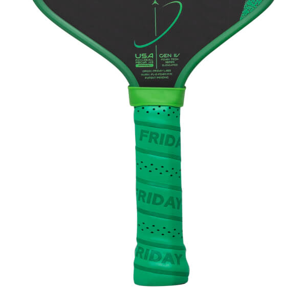 Close-up of a bright green pickleball paddle grip with repeated FRIDAY text, perforated texture, and black paddle face.