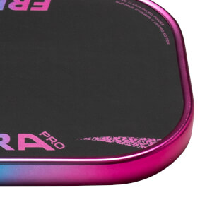 Corner view of a black paddle with pink "RA PRO" text and a gradient pink edge.