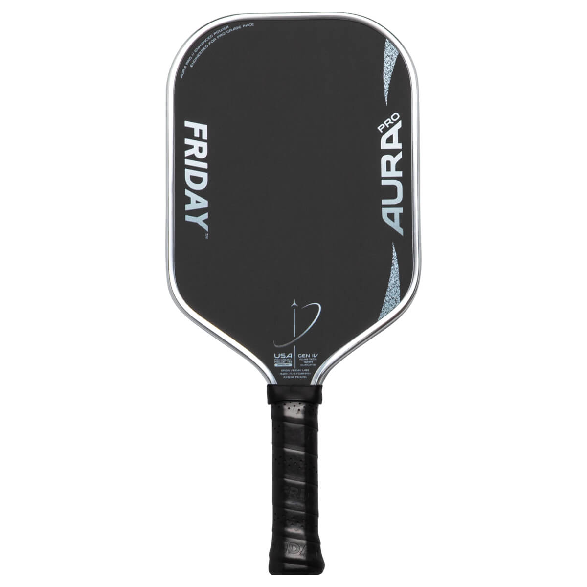 Front view of a black pickleball paddle with "FRIDAY" and "AURA PRO" text, and a silver border.
