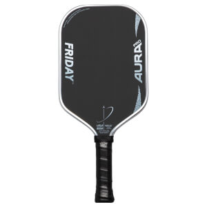 Front view of a black pickleball paddle with "FRIDAY" and "AURA PRO" text, and a silver border.