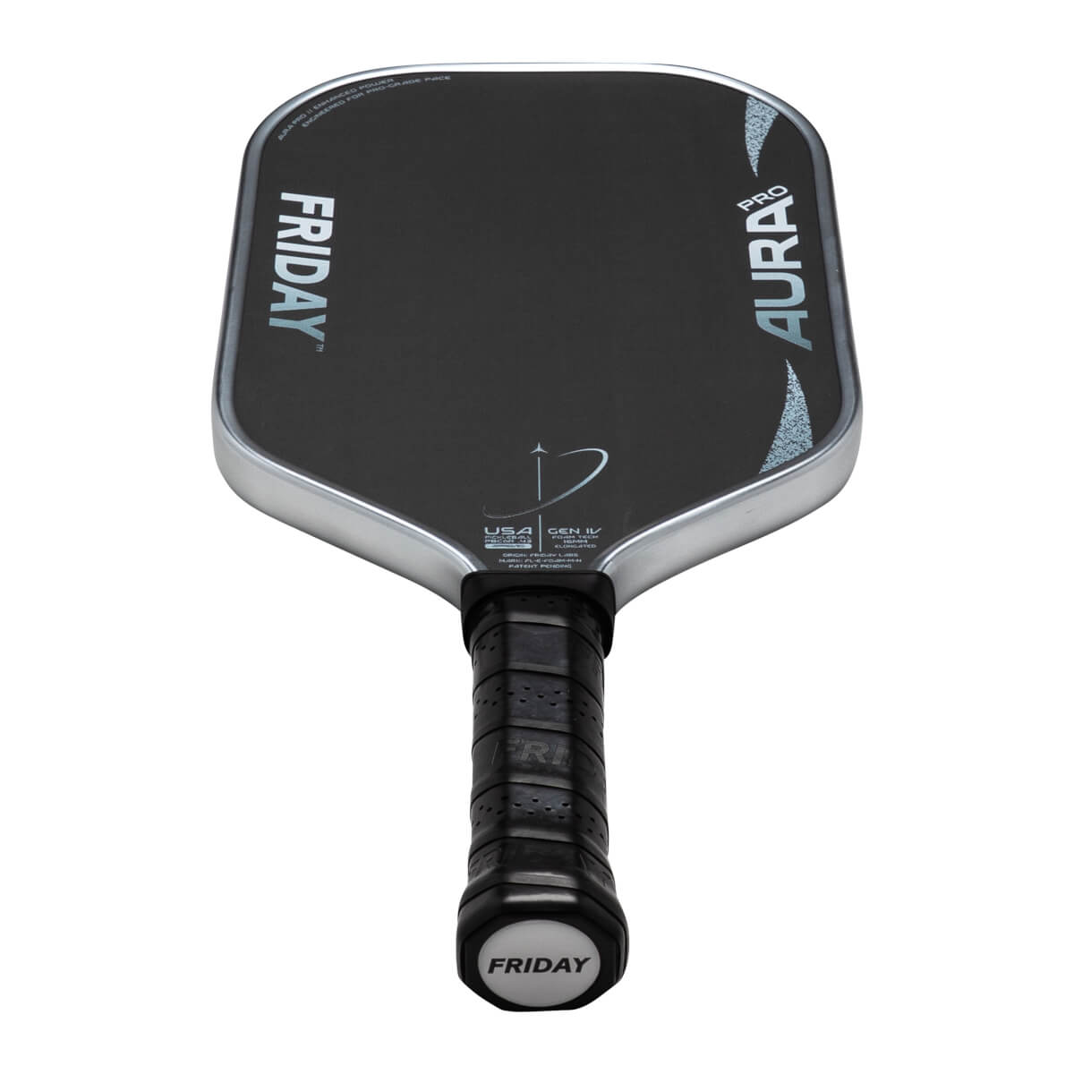 Top-down view of a black pickleball paddle with "FRIDAY" and "AURA PRO" text, and a silver rim.