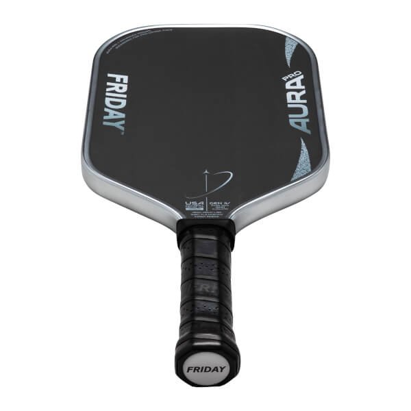 Top-down view of a black pickleball paddle with "FRIDAY" and "AURA PRO" text, and a silver rim.