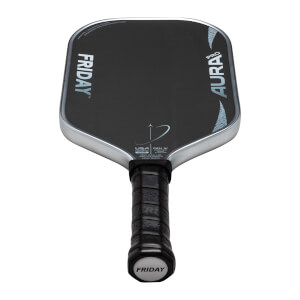 Top-down view of a black pickleball paddle with "FRIDAY" and "AURA PRO" text, and a silver rim.