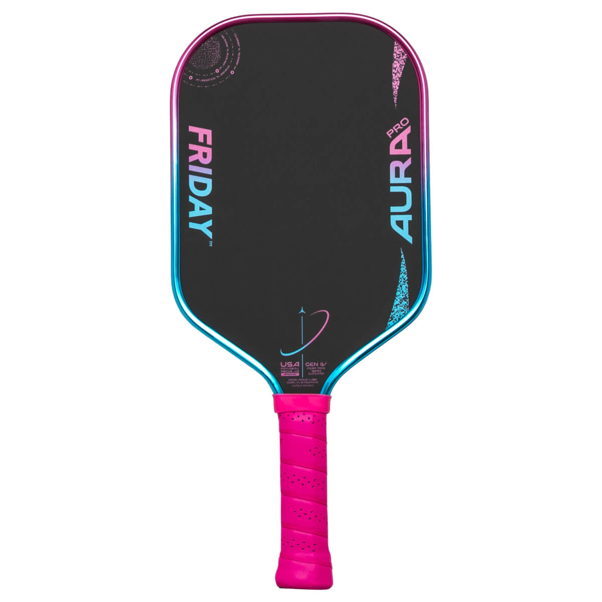 Front view of a black pickleball paddle with "FRIDAY" and "AURA PRO" text, a pink grip, and a gradient edge.