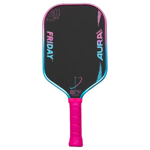 Front view of a black pickleball paddle with "FRIDAY" and "AURA PRO" text, a pink grip, and a gradient edge.