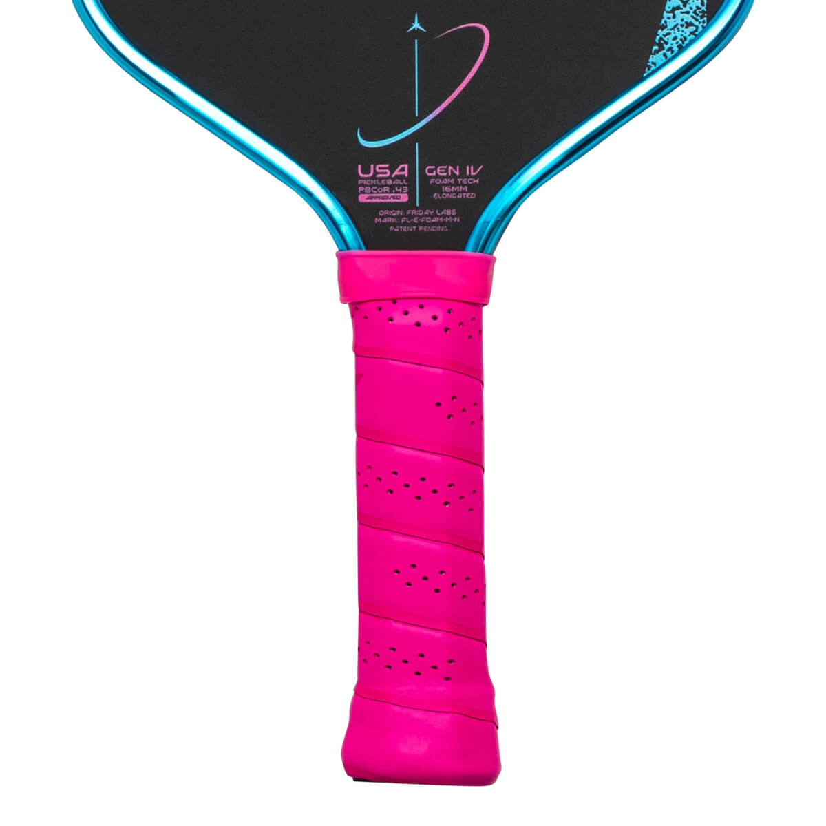 Close-up of a bright pink pickleball paddle grip with perforations and a blue edge.