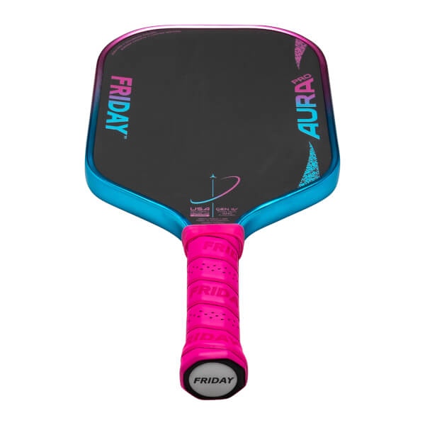 Top-down view of a pickleball paddle with "FRIDAY" and "AURA PRO" text, a pink grip, and a blue edge.