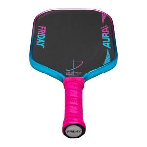 Top-down view of a pickleball paddle with "FRIDAY" and "AURA PRO" text, a pink grip, and a blue edge.