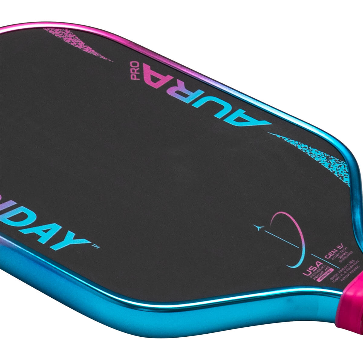 Top-down view of a pickleball paddle with "AURA PRO" and "FRIDAY" text, featuring a blue and pink gradient edge.