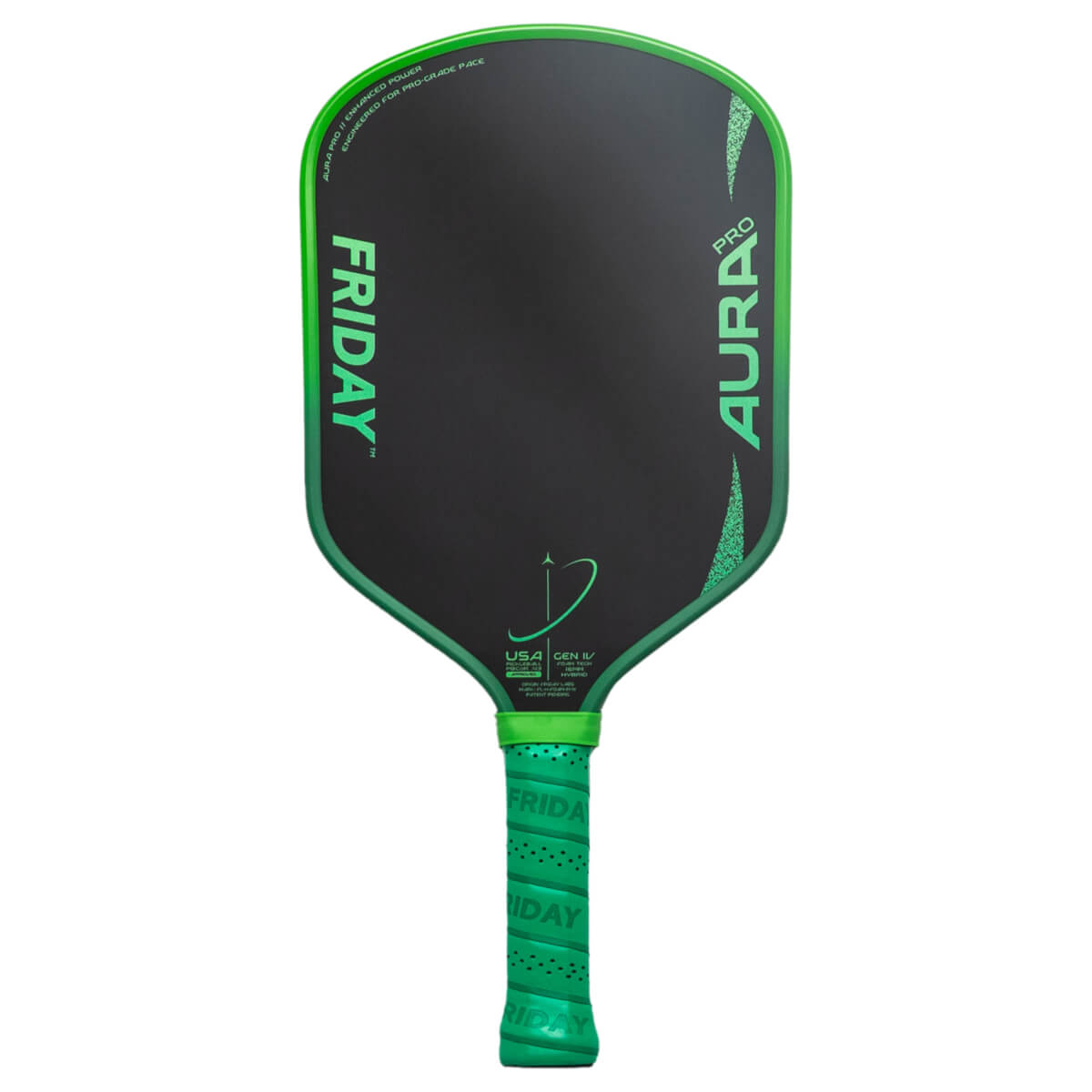 Front view of a black and green paddle with "FRIDAY", "PRO", and "AURA" text visible.