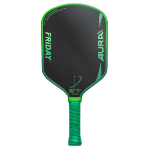 Front view of a black and green paddle with "FRIDAY", "PRO", and "AURA" text visible.