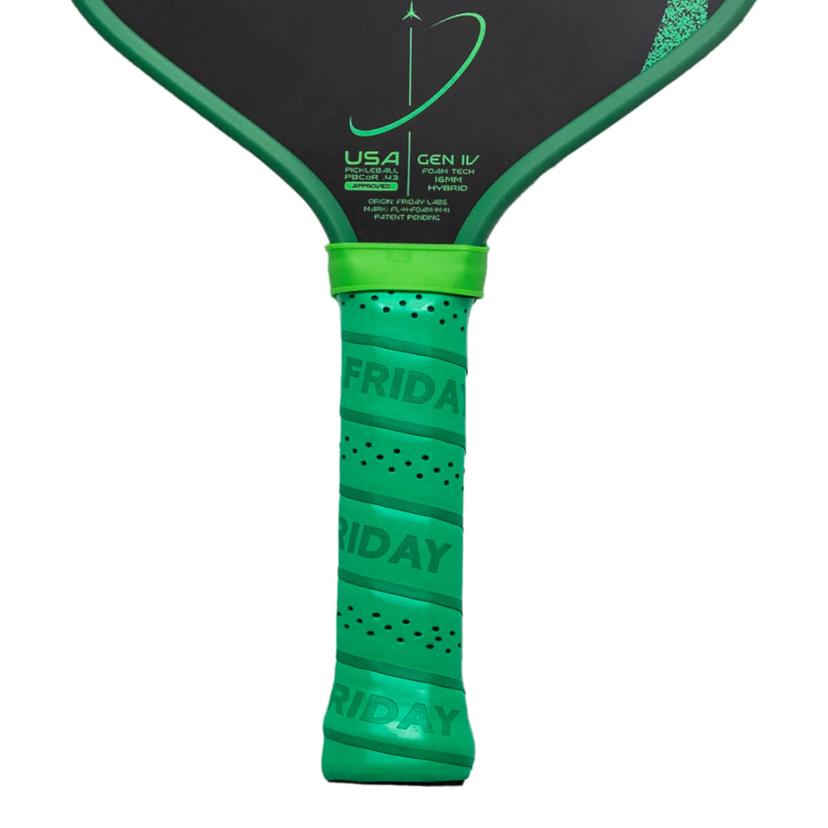 Close-up of the grip, showing "FRIDAY" repeatedly wrapped in green.