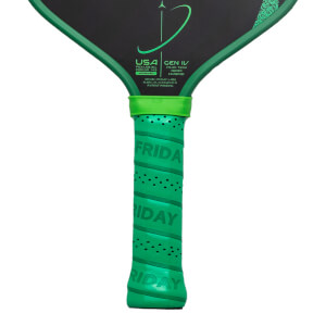 Close-up of the grip, showing "FRIDAY" repeatedly wrapped in green.