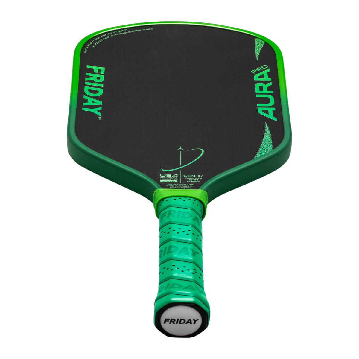 Front view of the Friday Aura Pro paddle, showing the green frame, black hitting surface with "FRIDAY" and "AURA PRO" text.