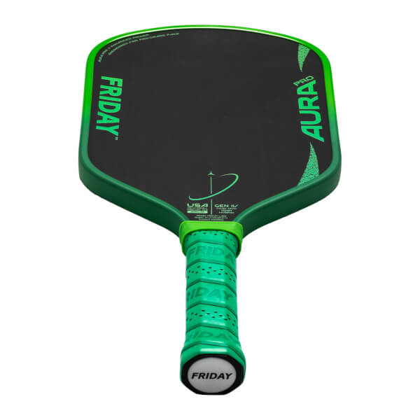 Front view of the Friday Aura Pro paddle, showing the green frame, black hitting surface with "FRIDAY" and "AURA PRO" text.