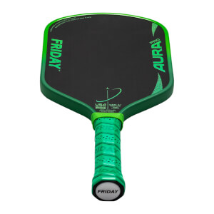 Front view of the Friday Aura Pro paddle, showing the green frame, black hitting surface with "FRIDAY" and "AURA PRO" text.