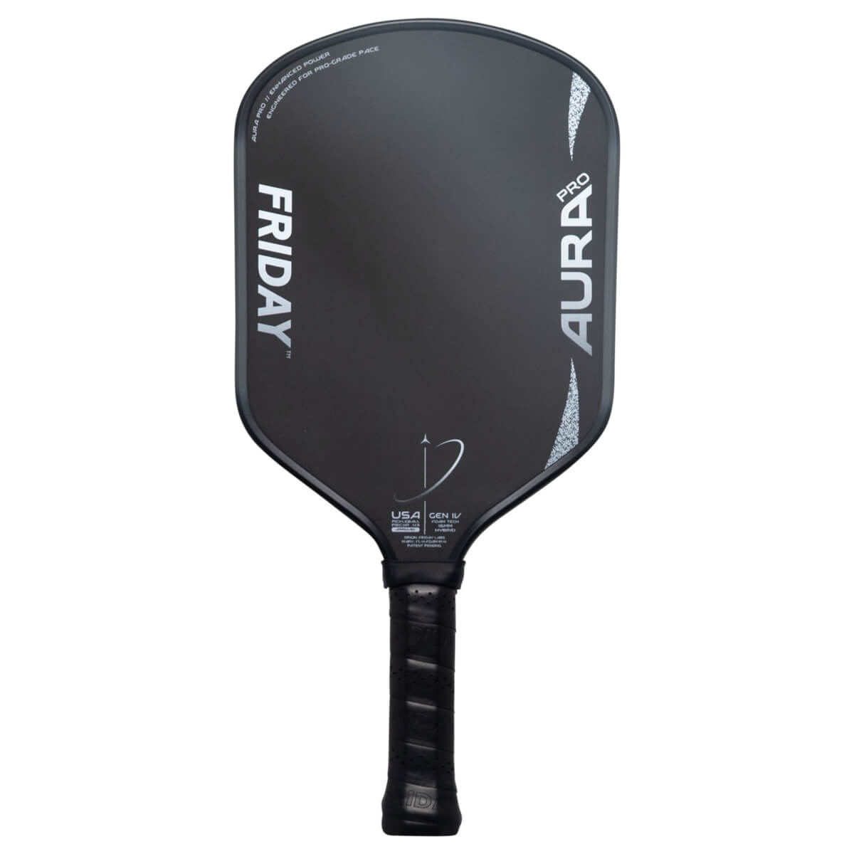Front view of a black 'Friday Aura Pro' pickleball paddle with silver accents and 'USA GEN IV' text.