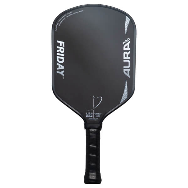 Front view of a black 'Friday Aura Pro' pickleball paddle with silver accents and 'USA GEN IV' text.
