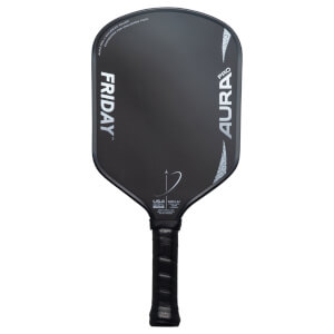 Front view of a black 'Friday Aura Pro' pickleball paddle with silver accents and 'USA GEN IV' text.