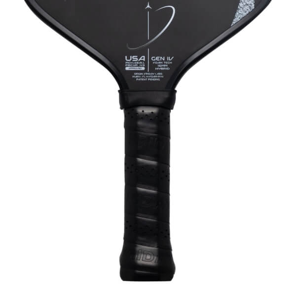 Top-down view of the handle and lower paddle face, showing the "USA PICKLEBALL APPROVED" logo and textured grip.