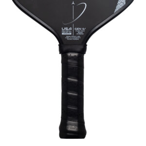 Top-down view of the handle and lower paddle face, showing the "USA PICKLEBALL APPROVED" logo and textured grip.