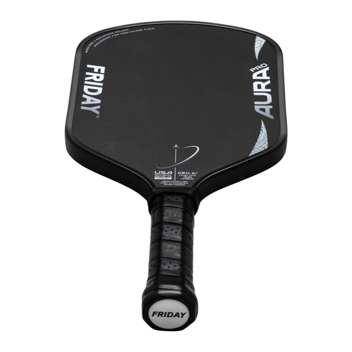 Top-down view of a black pickleball paddle showing "FRIDAY" vertically, "AURA PRO" diagonally, and "GEN IV" text.