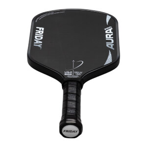 Top-down view of a black pickleball paddle showing "FRIDAY" vertically, "AURA PRO" diagonally, and "GEN IV" text.