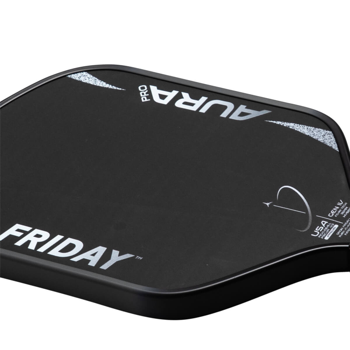 Top-down view of a black paddle showing "FRIDAY" and "PRO AURA" logos, with "USA GEN IV" text.