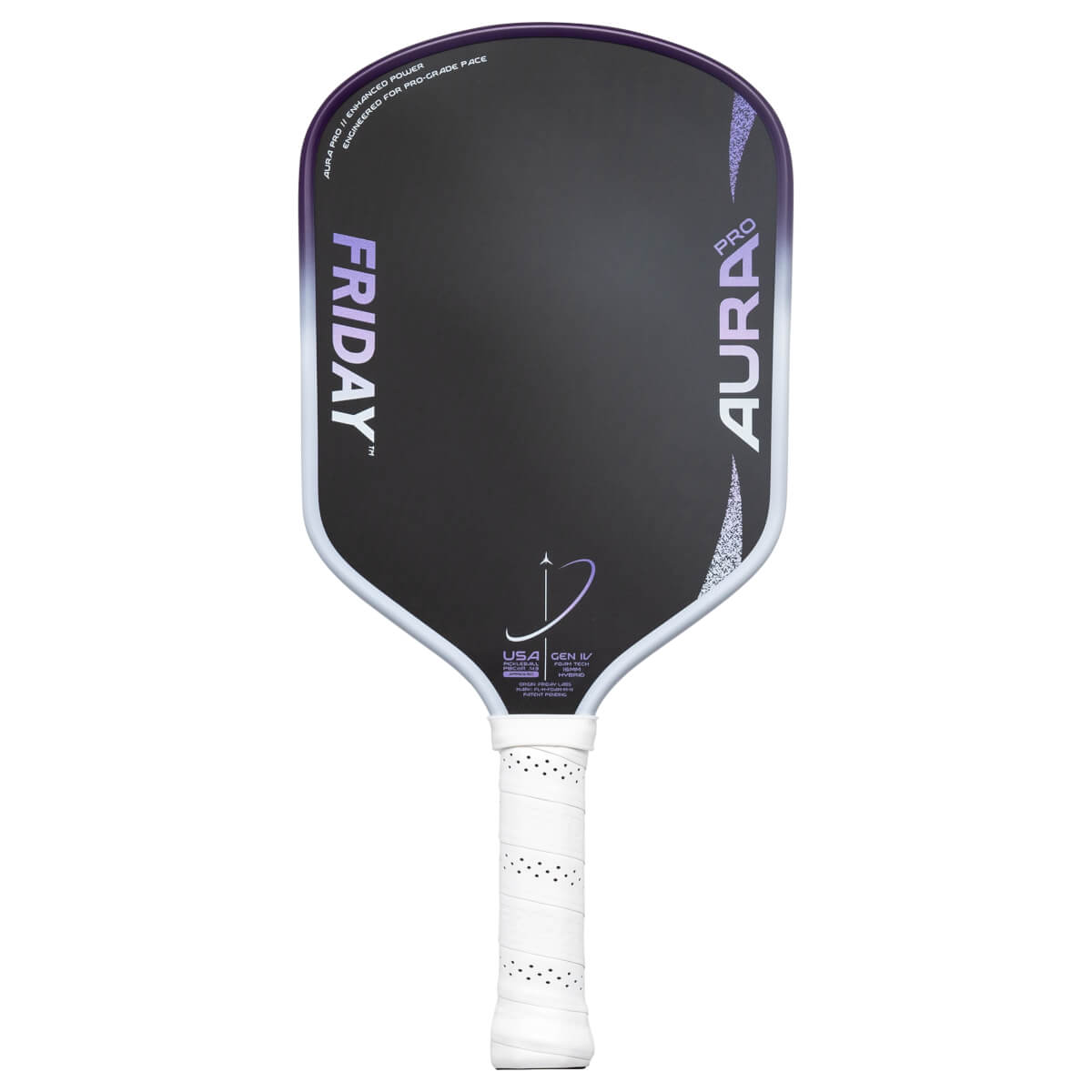 Front view of the Friday Aura Pro paddle, showing the black face with white "FRIDAY" and "AURA PRO" text.
