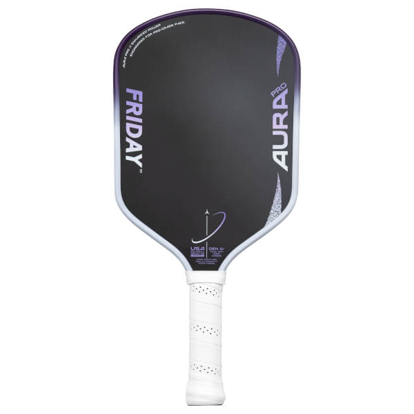 Front view of the Friday Aura Pro paddle, showing the black face with white "FRIDAY" and "AURA PRO" text.
