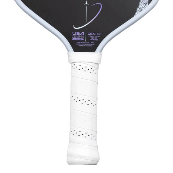 Close-up of the handle and lower paddle face, showing "USA PICKLEBALL APPROVED", "GEN IV", "FOAM TECH", "16MM HYBRID", and "PATENT PENDING".