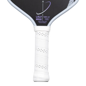 Close-up of the handle and lower paddle face, showing "USA PICKLEBALL APPROVED", "GEN IV", "FOAM TECH", "16MM HYBRID", and "PATENT PENDING".