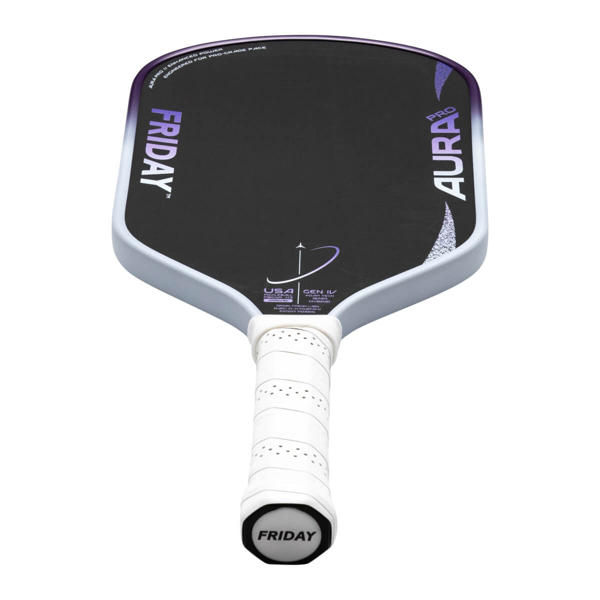 Front view of a black carbon fiber paddle with "FRIDAY" and "AURA PRO" branding and a white grip.