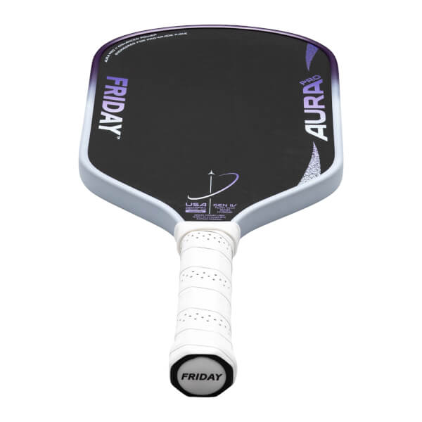 Front view of a black carbon fiber paddle with "FRIDAY" and "AURA PRO" branding and a white grip.